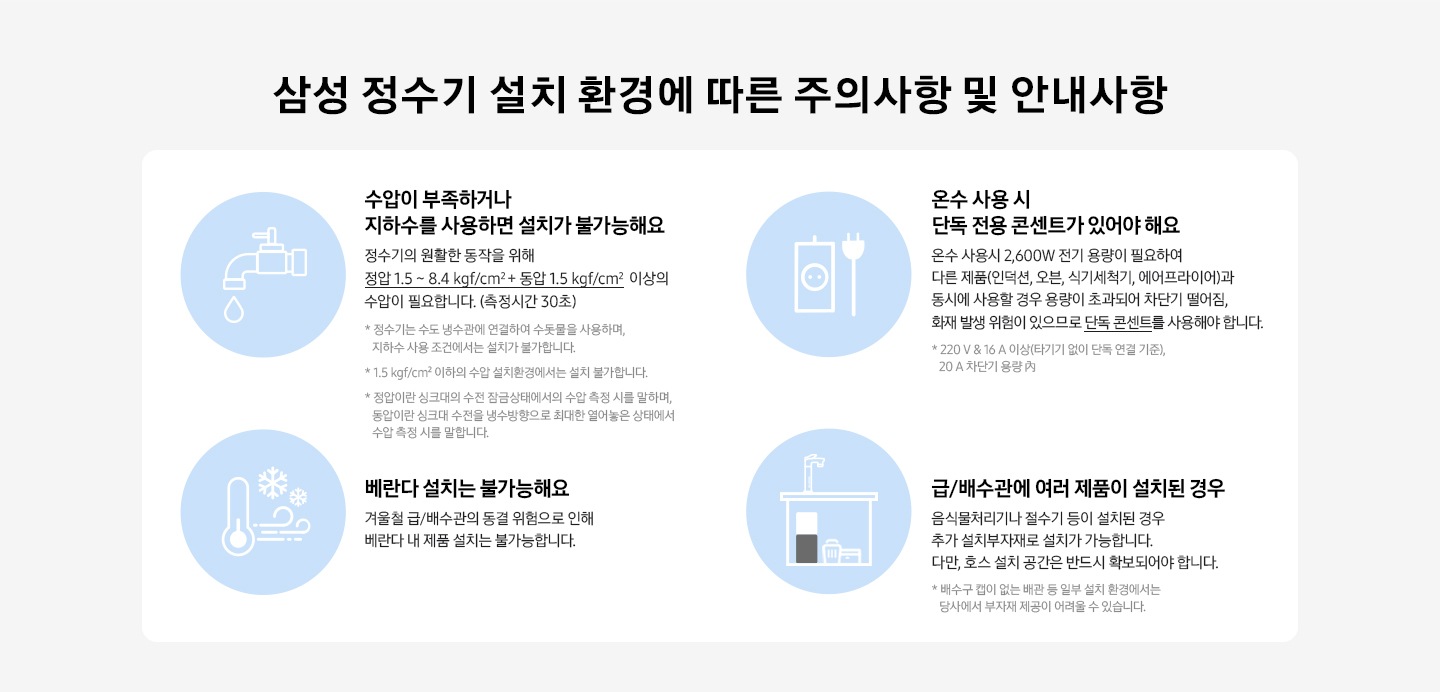 삼성 정수기 설치 환경에 따른 주의사항 및 안내 사항입니다. 수압이 부족하면 설치가 불가능해요. 베란다 설치는 불가능해요. 단독 전용 콘센트가 있어야해요. 급/배수관에 여러제품이 설치된 경우