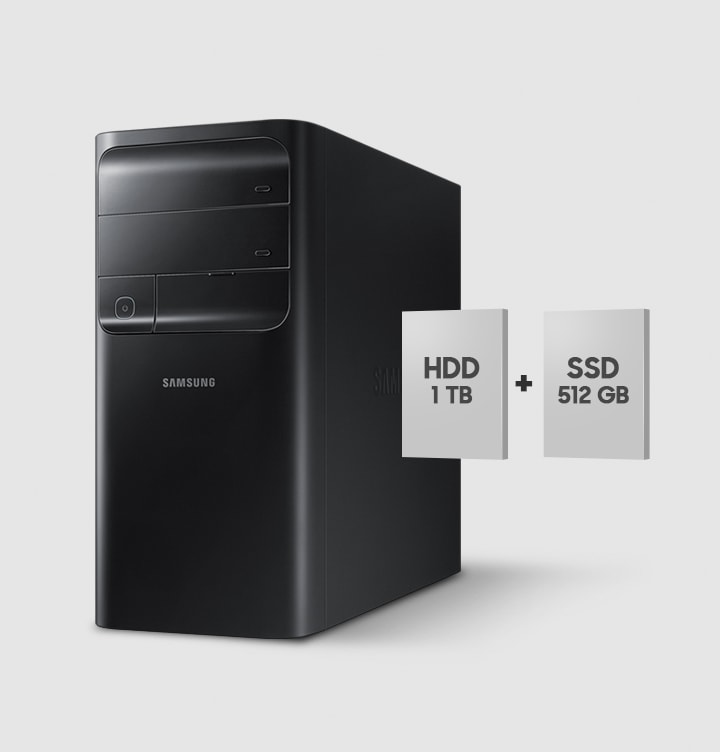 우측 30도로 놓여있는 제품과 함께 HDD 1 TB + SSD 512 GB 텍스트와 아이콘이 보여지고 있습니다.