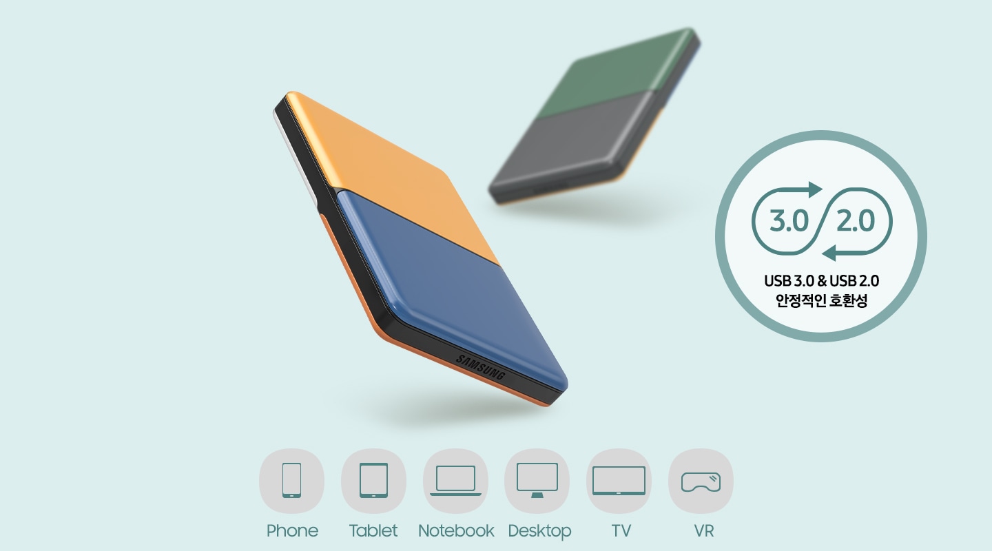 외장 HDD MOSAIC 1 TB 제품 두개가 나열되어있고, 이미지 하단에 핸드폰, 테블릿, 노트북 , 데스크탑, TV, VR 아이콘이 그려져 있습니다.