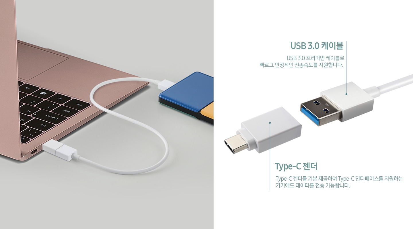 왼쪽에는 노트북에 제품이 장착되어 있고, 오른쪽에는 USB 3.0 케이블과 Type - C 젠더 그림이 있습니다. USB 3.0 프리미엄 케이블로 빠르고 안정적인 전송속도를 지원합니다.가 USB 3.0 케이블 적혀져있는곳에 부가 설명으로 적혀져있습니다. Type - C젠더에는 Type - C젠더를 기본 제공하여 Type - C인터페이스를 지원하는 기기에도 데이터를 전송 가능합니다가 적혀져있습니다.