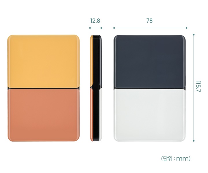 제품의 옆면 앞면이 그려져있고, 길이가 적혀져 있습니다. 옆 두께는 12.8 mm, 가로 78 mm, 세로 115.7 mm 입니다.