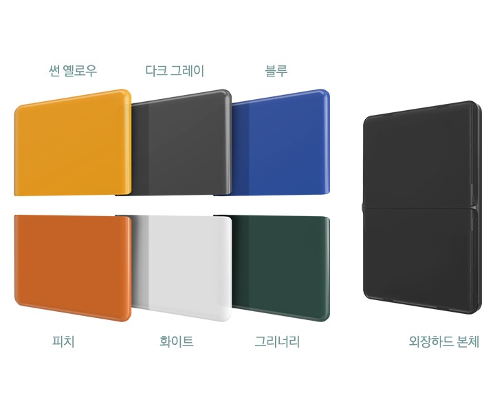 외장 HDD MOSAIC 1 RB 구성품을 소개해주고 있습니다. 외장하드 본체와 썬 옐로우, 다크 그레이. 블루, 피치, 화이트, 그리너리 색상 패널을 소개해주고 있습니다.