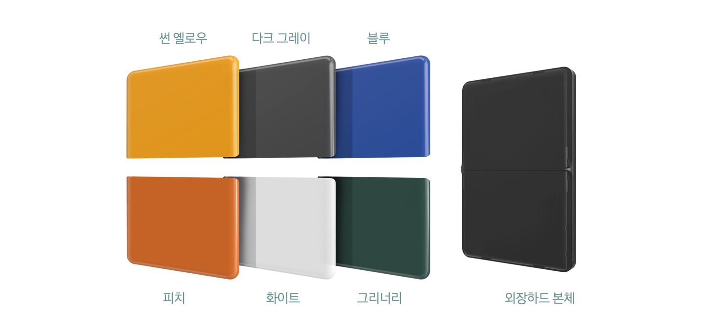 외장 HDD MOSAIC 1 RB 구성품을 소개해주고 있습니다. 외장하드 본체와 썬 옐로우, 다크 그레이. 블루, 피치, 화이트, 그리너리 색상 패널을 소개해주고 있습니다.