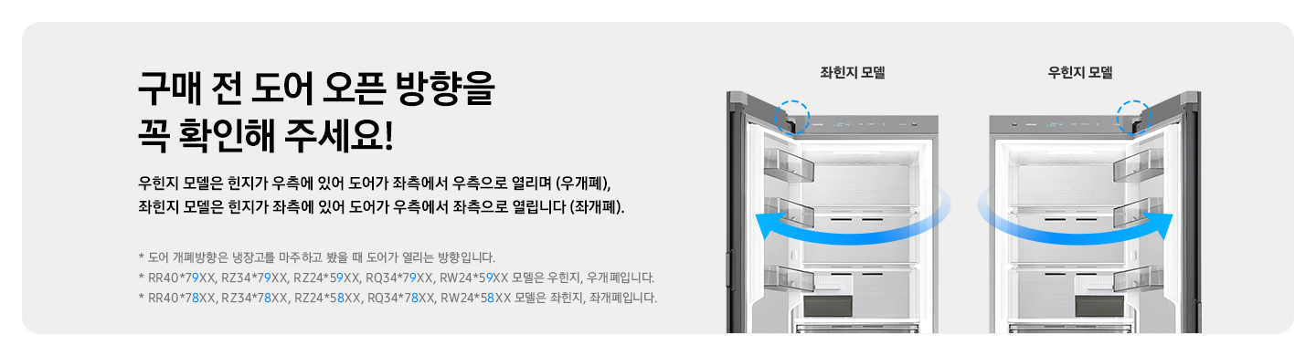 구매 전 도어 오픈 방향을 꼭 확인해 주세요! 우힌지 모델은 힌지가 우측에 있어 도어가 좌측에서 우측으로 열리며(우개폐), 좌힌지 모델은 힌지가 좌측에 있어 도어가 우측에서 좌측으로 열립니다(좌개폐) 좌힌지 모델과 우힌지 모델 냉장고 이미지가 오른쪽에 나타나 있으며, 이미지 하단에 모델 코드별 도어 오픈 방향 안내가 있습니다.