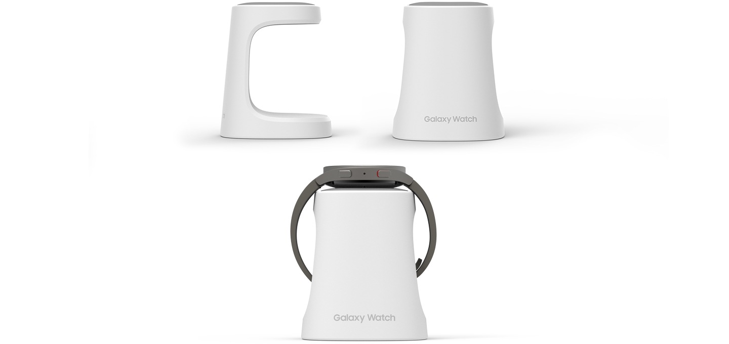 갤럭시 워치 오리지널 풀커버 거치대 이미지 측면 정면 이미지 입니다. 제일 오른쪽 정면 거치대 이미지엔 갤럭시 워치5가 거치되어 있습니다.