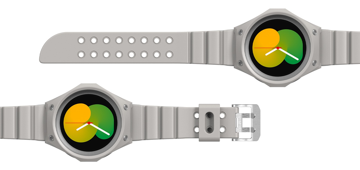 갤럭시 워치5를 장착한 갤럭시 워치 풀커버 오리지널 팩 스트랩 이미지 입니다.