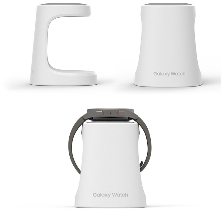 갤럭시 워치5 프로 풀커버 스타일링 거치대 제품 특면 정면, 제일 오른쪽에 갤럭시 워치5 걸쳐져 있는 제품 정면 이미지 입니다.