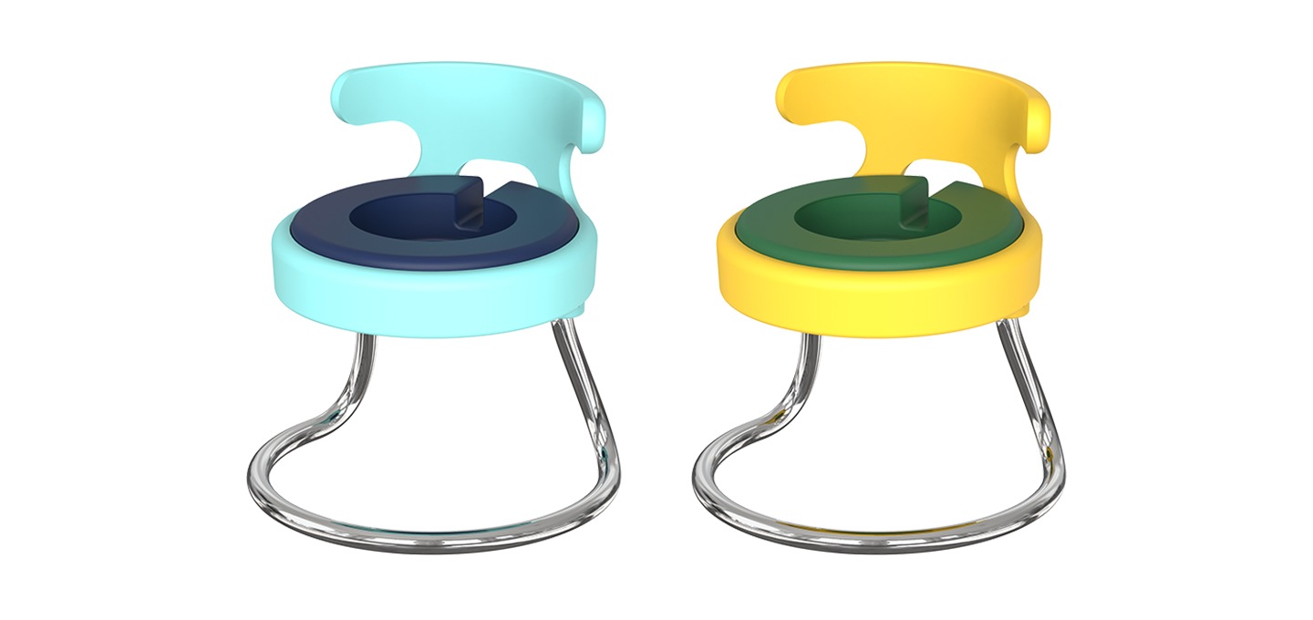 갤럭시 워치 의자 충전독 거치대 제품 정면, 블루 옐로우 컬러가 나열 되어 있습니다.