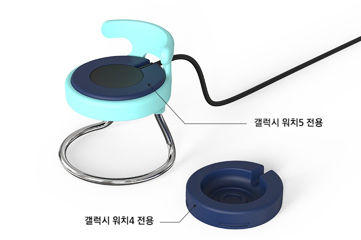 왼쪽에는 갤럭시 워치 의자 충전독 거치대 제품에 충전기가 연결되어 있으며 갤럭시 워치5 전용의 텍스트가 적혀 있습니다. 오른쪽에는 갤럭시 워치4 전용 거치대가 있으며 갤럭시 워치4 전용이라고 텍스트가 적혀 있습니다.