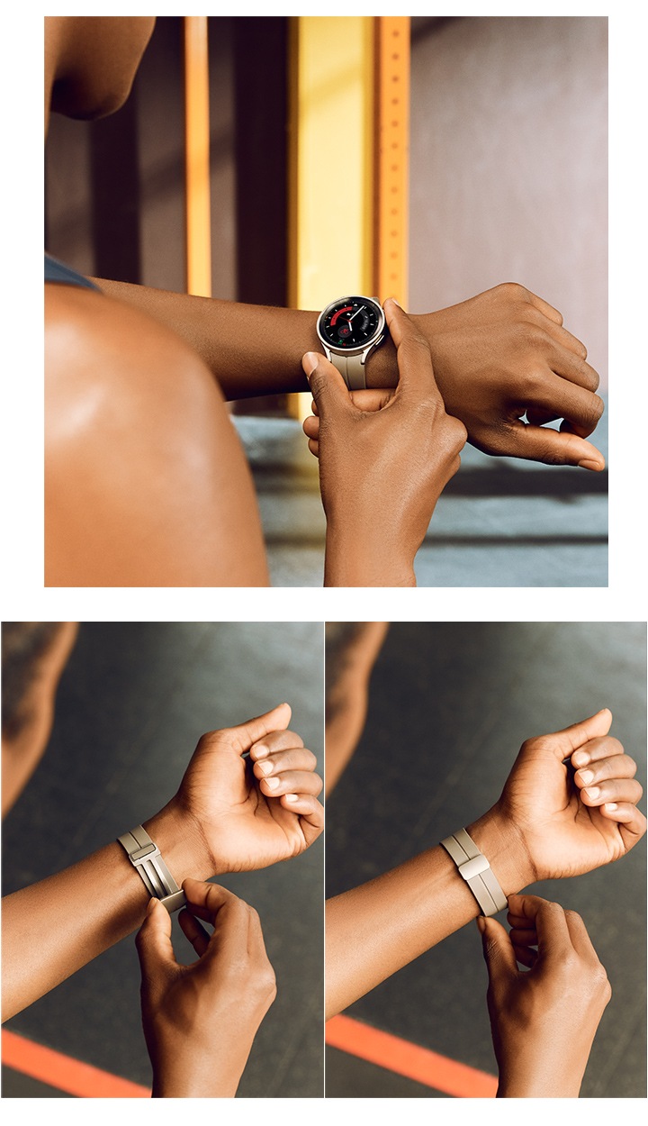 갤럭시 워치5 프로 D 버클 스포츠 스트랩을 한 사람이 손목에 채우고 있는 이미지 입니다.