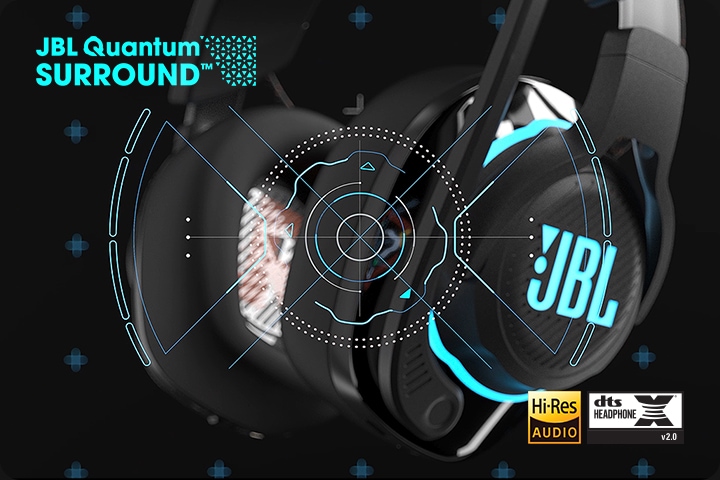 JBL QUANTUM SOUND 텍스트 아이콘과 Hi-Res, dts HEADPHINE X2.0 아이콘이 보여집니다. JBL QUANTUM 810 헤드셋 측면부를 보여주고 있습니다.