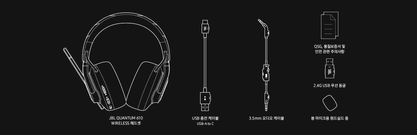 JBL QUANTUM 610 WIRELESS 헤드셋, USB 충전 케이블 USB-A to C, 3.5 mm 오디오 케이블, QSG, 품질보증서 및 안전 관련 주의사항, 2.4G USB 무선 동글, 붐 마이크용 윈드실드 폼