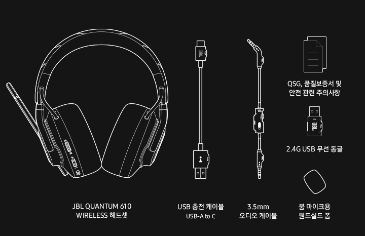 JBL QUANTUM 610 WIRELESS 헤드셋, USB 충전 케이블 USB-A to C, 3.5 mm 오디오 케이블, QSG, 품질보증서 및 안전 관련 주의사항, 2.4G USB 무선 동글, 붐 마이크용 윈드실드 폼