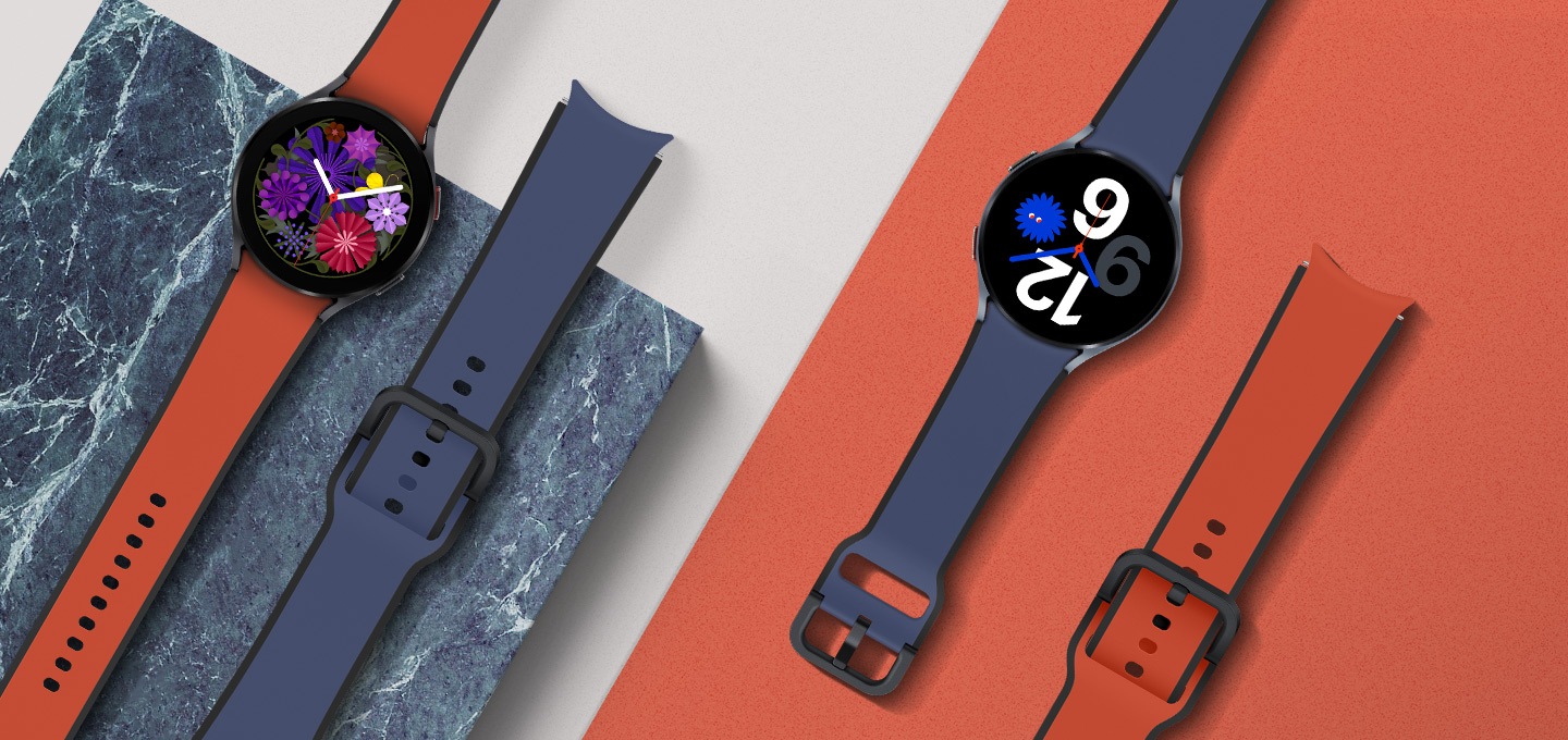 베이지, 레드 컬러가 배경색이고, 네이비와 레드 컬러의 투톤 스포츠 스트랩에 워치가 장착된 채로 나열 되어 있습니다.