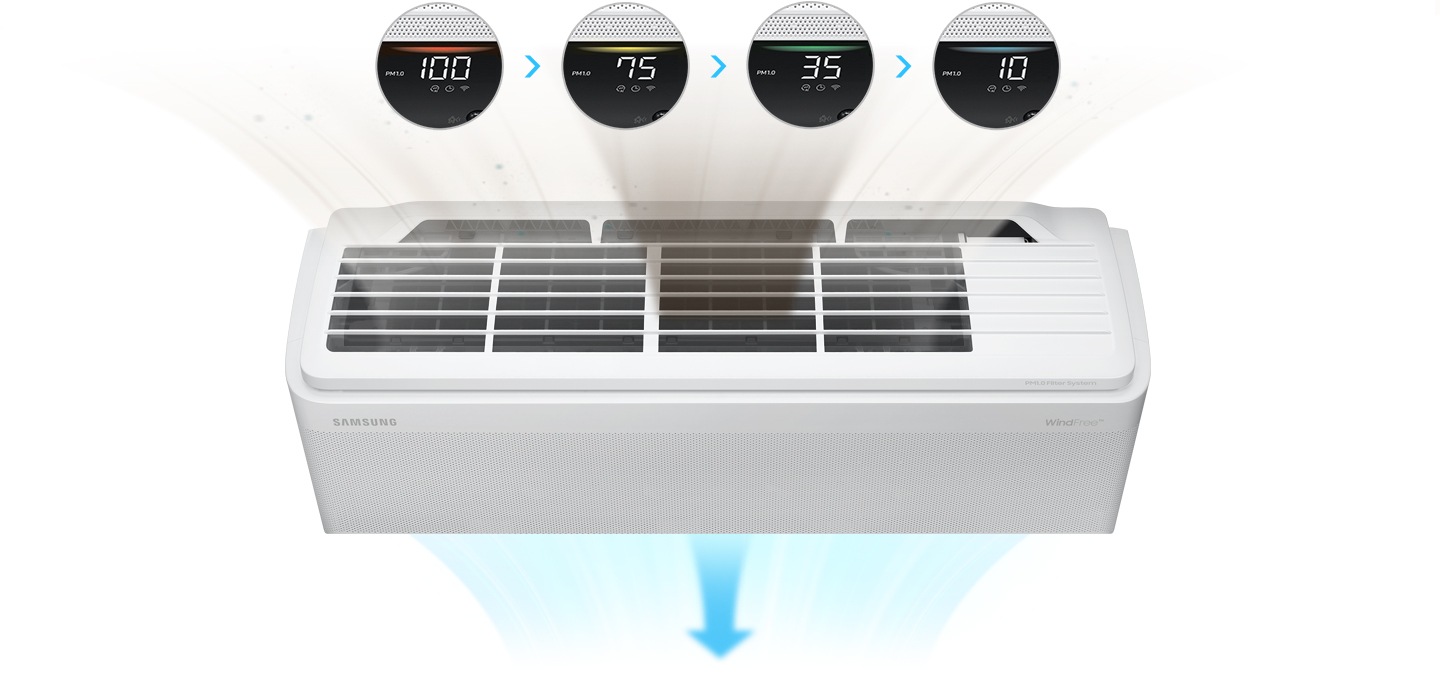 PM1.0 살균필터에 대한 설명을 보여주고 있습니다. 극세필터를 통하여 PM1.0 살균 필터에 필터하여 초미세먼지 제거와 유해세균 제거가 가능하다는 이미지 입니다. 이미지에 대한 설명은 해당모델에 한하여 적용되고, 실사용 환경에 따라질 수 있으며 필터 이미지는 연출된 예시라는 문구가 적혀있습니다. 하단에는 나무 모양의 청정 살균필터 아이콘과 유해세균 99% 제거 (대장균, 황색포도상구균) intertek 국제시험검사기관 검증완료 로고가 있습니다.