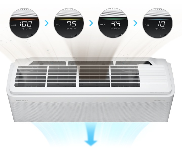 PM1.0 살균필터에 대한 설명을 보여주고 있습니다. 극세필터를 통하여 PM1.0 살균 필터에 필터하여 초미세먼지 제거와 유해세균 제거가 가능하다는 이미지 입니다. 이미지에 대한 설명은 해당모델에 한하여 적용되고, 실사용 환경에 따라질 수 있으며 필터 이미지는 연출된 예시라는 문구가 적혀있습니다. 하단에는 나무 모양의 청정 살균필터 아이콘과 유해세균 99% 제거 (대장균, 황색포도상구균) intertek 국제시험검사기관 검증완료 로고가 있습니다.
