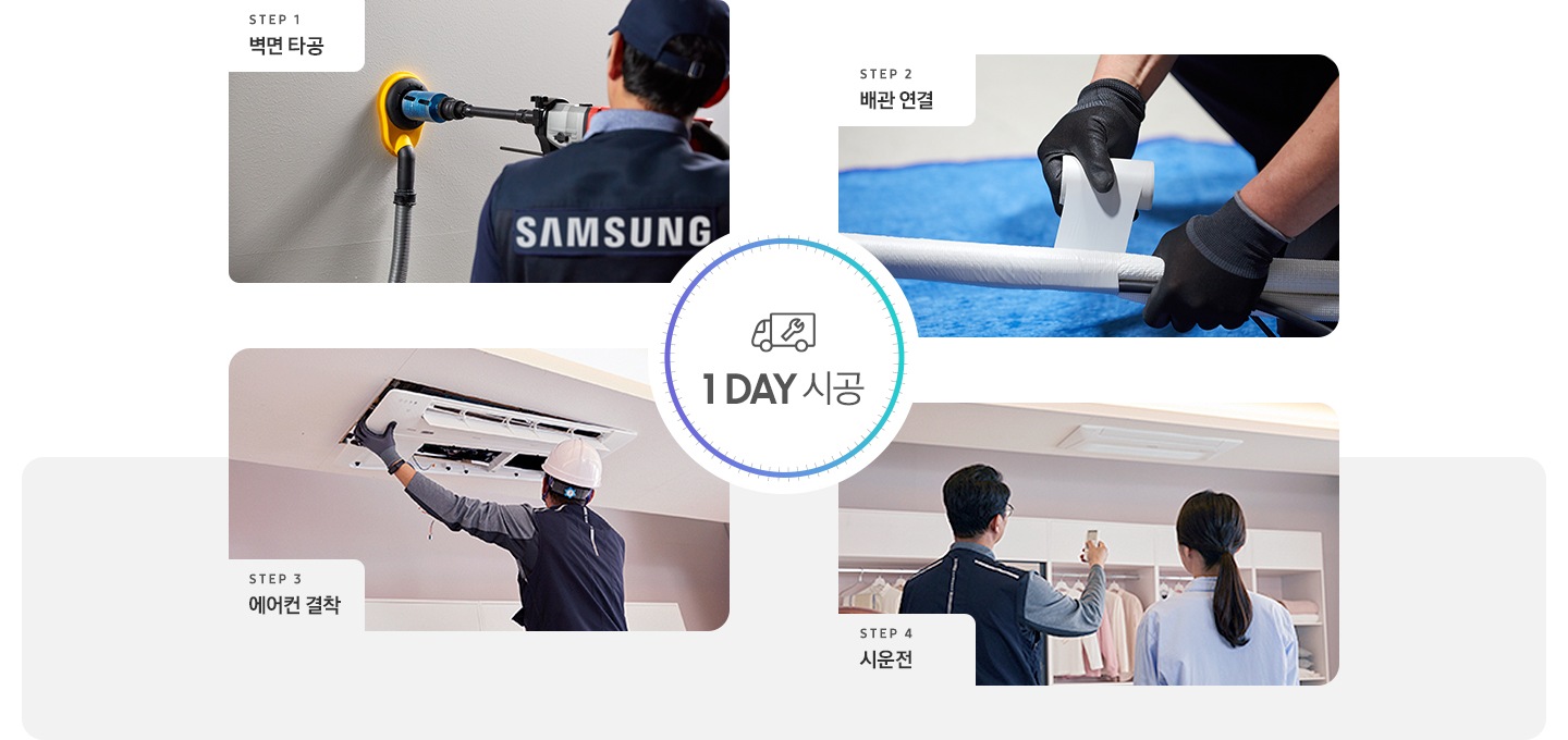 시공과정을 4분할 이미지로 보여주고 있습니다. 1-벽면타공, 2-배관연결, 3-에어컨 결착, 4-시운전 의 이미지입니다.