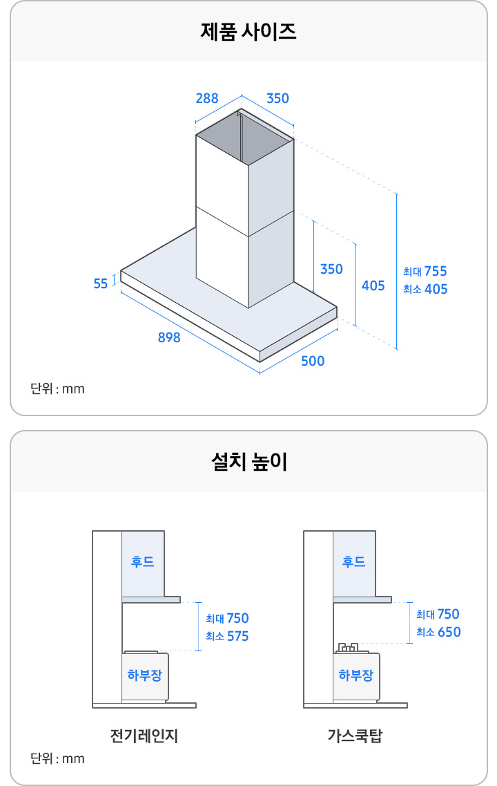 [좌측에는 제품 사이즈 이미지 입니다. 후드를 위에서 내려다본 일러스트컷이 나와있습니다. 단위는 mm입니다. 기둥부분 350x288, 하단부 높이 350, 하단부와 후드 포함 높이 405, 후드 전체 높이 최대 755, 최소 405, 후드 부분 높이 55, 가로 898, 세로 500 사이즈입니다. 우측에는 설치 높이 일러스트입니다. 단위는 m~m입니다. 해당 이미지 좌측은 전기레인지와 후드가 함께 설치된 모습을 옆쪽에서 바라본 일러스트 이미지로 후드와 하부장 사이 높이가 최대 750, 최소 575로 나와있습니다. 우측은 가스쿡탑과 후드가 함께 설치된 모습을 옆쪽에서 바라본 일러스트 이미지로 후드와 하부장 사이 높이가 최대 750, 최소 650으로 나와있습니다.]