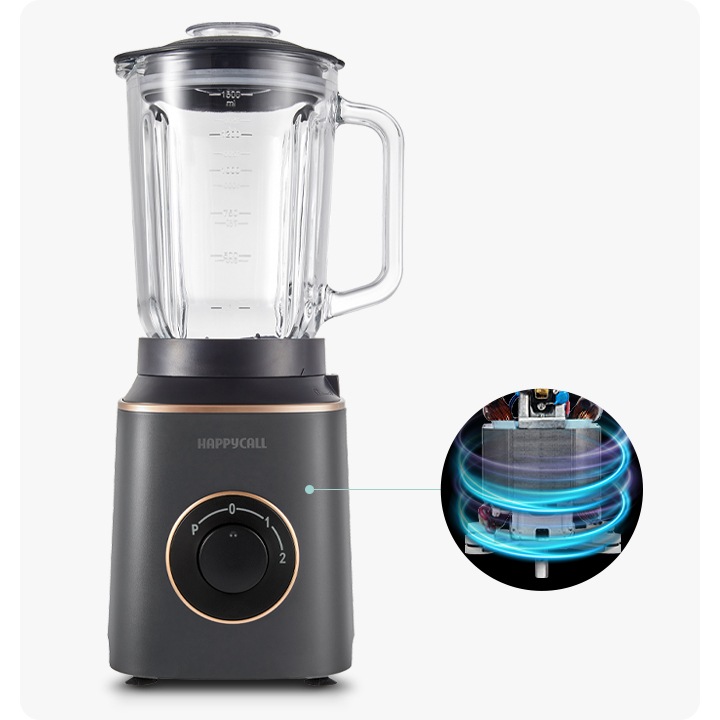 해피콜 블렌더 브리즈 베이직 전체 모델컷과 모터가 회전하는 이미지가 확대되어 있습니다.