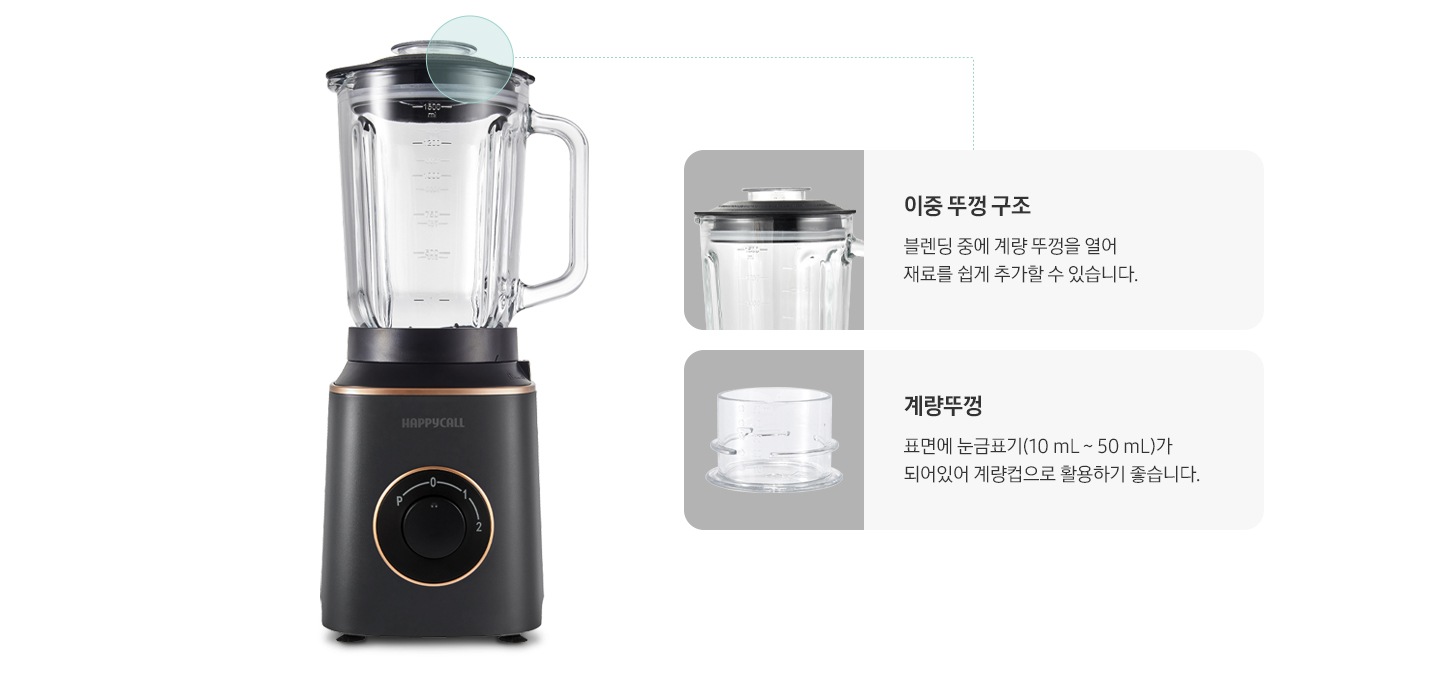 해피콜 블렌더 브리즈 베이직 뚜껑이 확대되어 있습니다. 이중 뚜껑 구조-블렌딩 중에 계량 뚜껑을 열어 재료를 쉽게 추가할 수 있습니다. 계량뚜껑-표면에 눈금표기(10mL~50mL)가 되어있어 계량컵으로 활용하기 좋습니다.