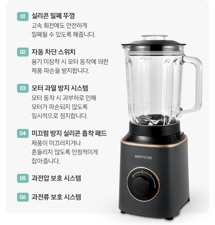 01실리콘 밀폐 뚜껑-고속 회전에도 안전하게 밀폐될 수 있도록 해줍니다. 02자동 차단 스위치-용기 미장착 시 모터 동작에 의한 제품 파손을 방지합니다. 03모터 과열 방지 시스템-모터 동작 시 과부하로 인해 모터가 파손되지 않도록 일시적으로 정지합니다. 04미끄럼 방지 실리콘 흡착 패드-제품이 미끄러지거나 흔들리지 않도록 안정적이게 잡아줍니다. 05과전압 보호 시스템 06과전류 보호 시스템