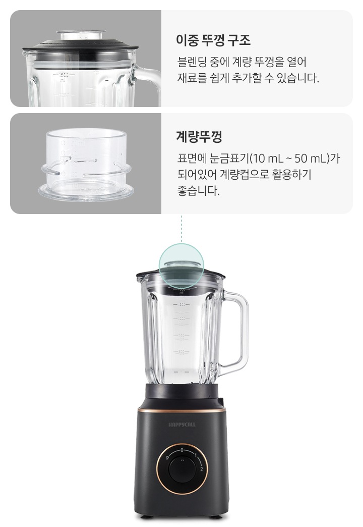해피콜 블렌더 브리즈 베이직 뚜껑이 확대되어 있습니다. 이중 뚜껑 구조-블렌딩 중에 계량 뚜껑을 열어 재료를 쉽게 추가할 수 있습니다. 계량뚜껑-표면에 눈금표기(10mL~50mL)가 되어있어 계량컵으로 활용하기 좋습니다.