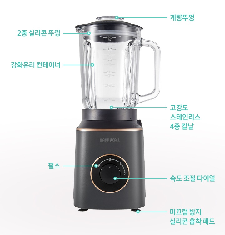 상단부터 계량뚜껑 2중 실리콘 뚜껑 강화유리 컨테이너 고강도 스테인리스 4중 칼날 펄스 속도 조절 다이얼 미끄럼 방지 실리콘 흡착 패드 문구가 각 제품 부위에 맞게 선으로 이어져 있는 이미지입니다.