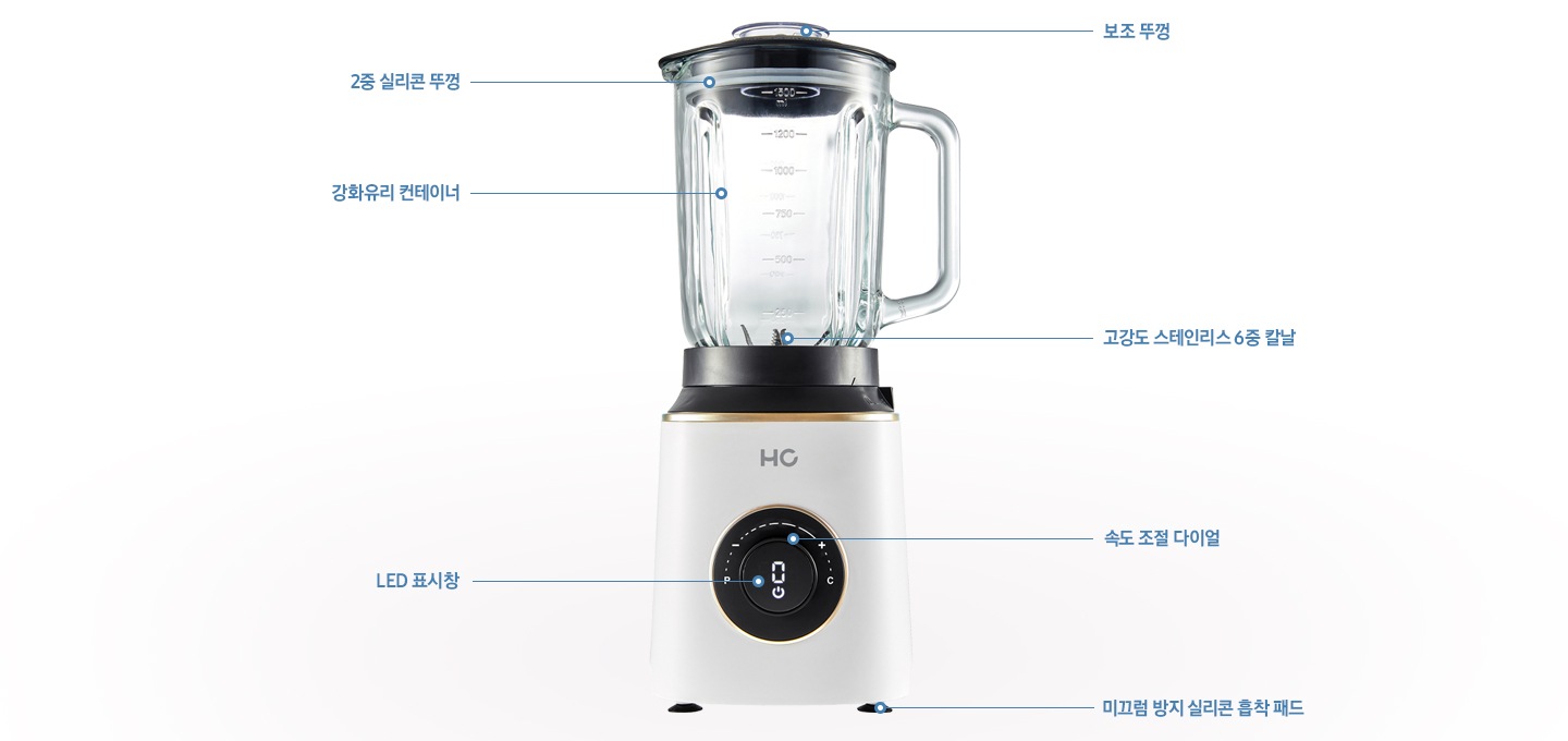상단부터 보조뚜껑 2중 실리콘 뚜껑 강화유리 컨테이너 고강도 스테인리스 6중 칼날 속도 조절 다이얼 LED 표시창 미끄럼 방지 실리콘 흡착 패드 문구가 각 제품 부위에 맞게 선으로 이어져 있는 이미지입니다.