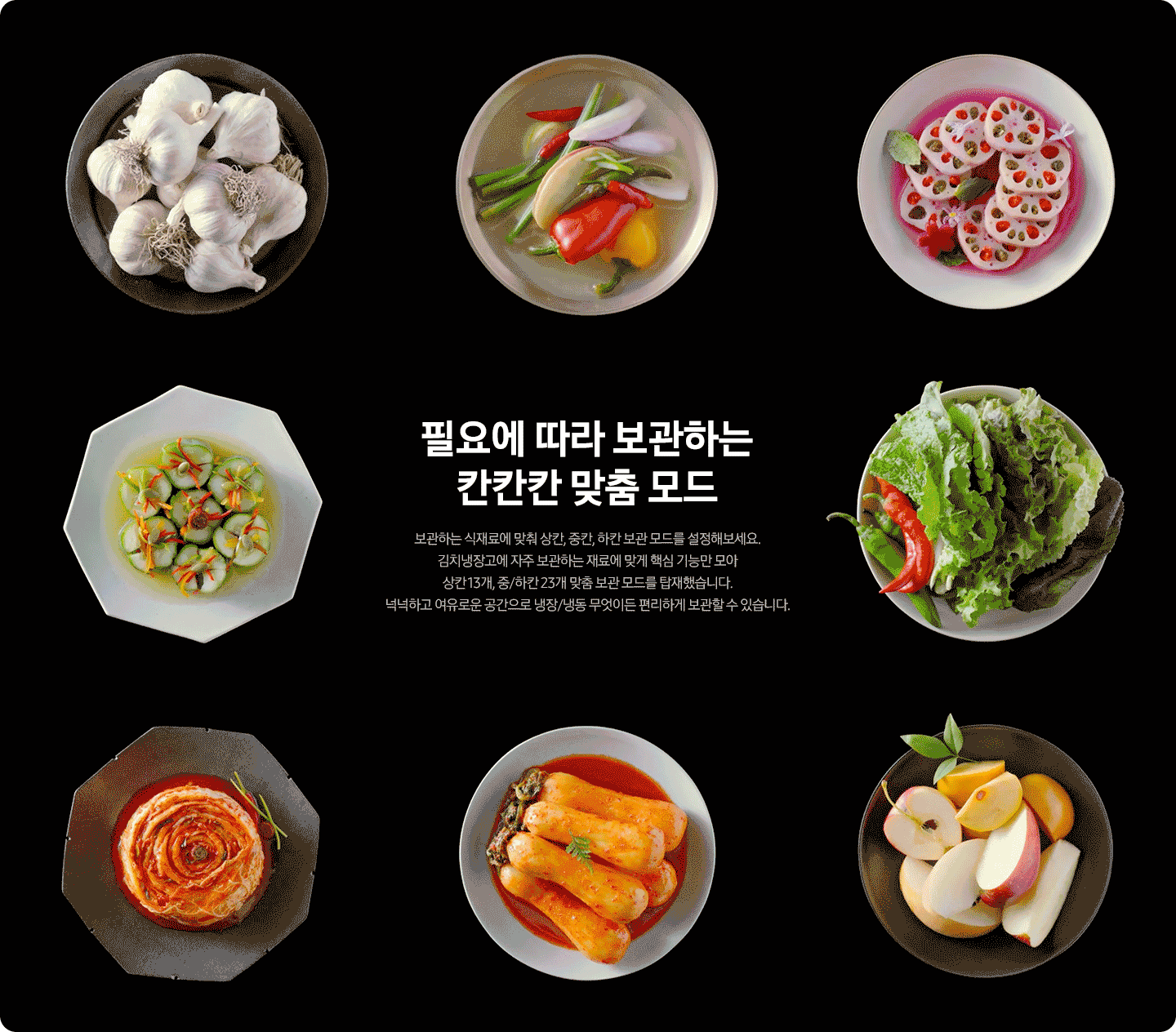 중앙에는 필요에 따라 보관하는 칸칸칸 맞춤 보관 모드 보관하는 식재료에 맞춰 상칸, 중칸, 하칸 보관 모드를 설정해보세요. 김치냉장고에 자주 보관하는 재료에 맞게 핵심 기능만 모아 상칸 13개, 중/하칸 23개 맞춤 보관 모드를 탑재했습니다. 넉넉하고 여유로운 공간으로 냉장/냉동 무엇이든 편리하게 보관할 수 있습니다. 라는 내용의 텍스트가 배치되어 있고 텍스트 위로는 좌측부터 접시에 담긴 오이소박이, 소쿠리에 담긴 밤, 접시에 담긴 쌈채소이미지가 배치되어 있고, 텍스트 아래로는 좌측부터 접시에 담긴 감과 사과, 접시에 담긴 총각무김치, 접시위 종지에 담긴 된장과 고추장 이미지가 배치되어 있습니다.