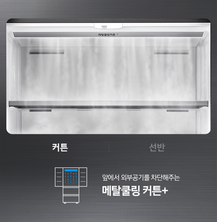 좌측에는 순서데로 김치냉장고 메탈쿨링 커버, 천장, 커튼, 선반 내상부분이 확대되어 냉기가 감도는 느낌과 함께 보여지고 있으며, 우측에는 기능별로 아이콘과 함께 뒤에서 냉기를 감싸주는 메탈쿨링 커버, 위에서 냉기를 잡아주는 메탈쿨링 천장, 앞에서 외부공기를 차단해주는 메탈쿨링 커튼, 밑에서 냉기는 받쳐주는 메탈쿨링 선반 기능 텍스트가 이미지와 함께 순서데로 변환되어 보여지고 있습니다.