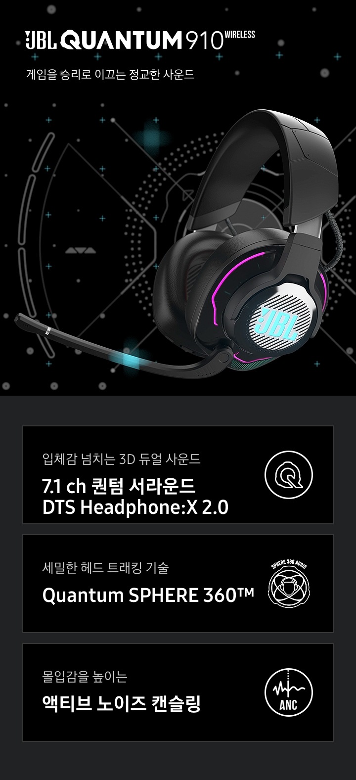 JBL QUAUTUM 810 게임을 승리로 이끄는 정교한 사운드. 입체감 넘치는 3D 듀얼 사운드 7.1 ch 퀀텀 서라은드 DTS Headphine:X 2.0, 최대 43시간 자유롭게 고품질 무선 연결, 몰입감을 높이는 액티브 노이즈 캔슬링 아이콘이 하단에 보여집니다.