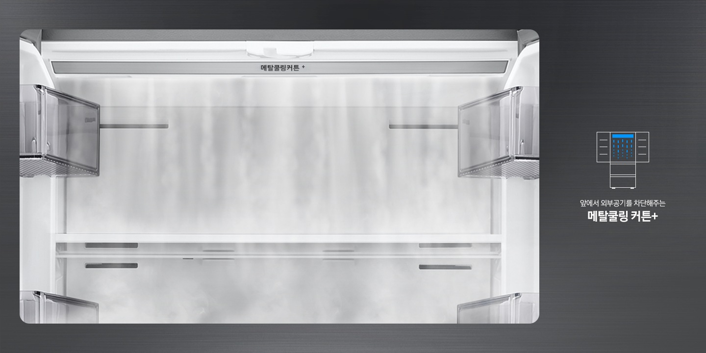 앞에서 외부공기를 차단해주는 메탈쿨링 커튼+, 냉장고 내상에 메탈쿨링커튼+ 이미지가 있고 오른쪽에 아이콘과 문구가 나와있는 이미지입니다.