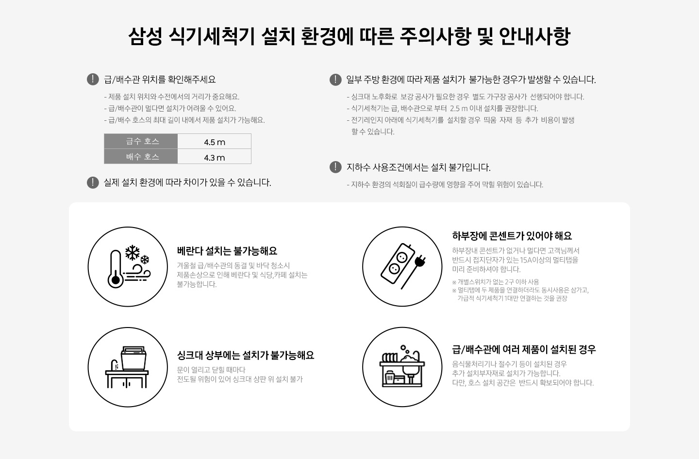 삼성 식기세척기 설치 환경에 따른 주의사항 및 안내사항이 쓰여져 있습니다.