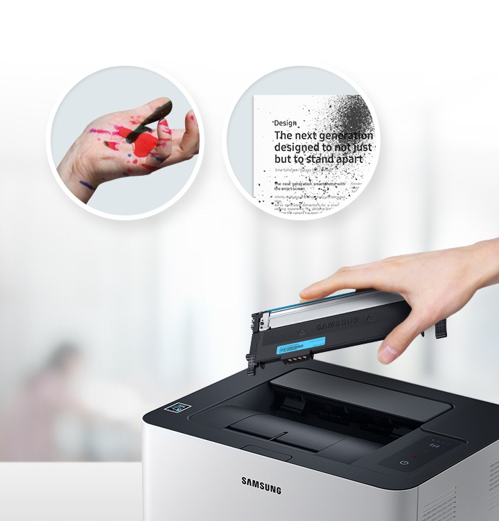 이미지 상단에는 손에 토너가 묻어있는 이미지와 출력물에 토너가 번져 있는 이미지가 왼쪽에서 오른쪽으로 나열되어 있고 이미지 오른쪽 하단에는 오른쪽 위에서 내려본 프린트 이미지와 정품 제품을 손에 들고 있는 정면 이미지가 있습니다.