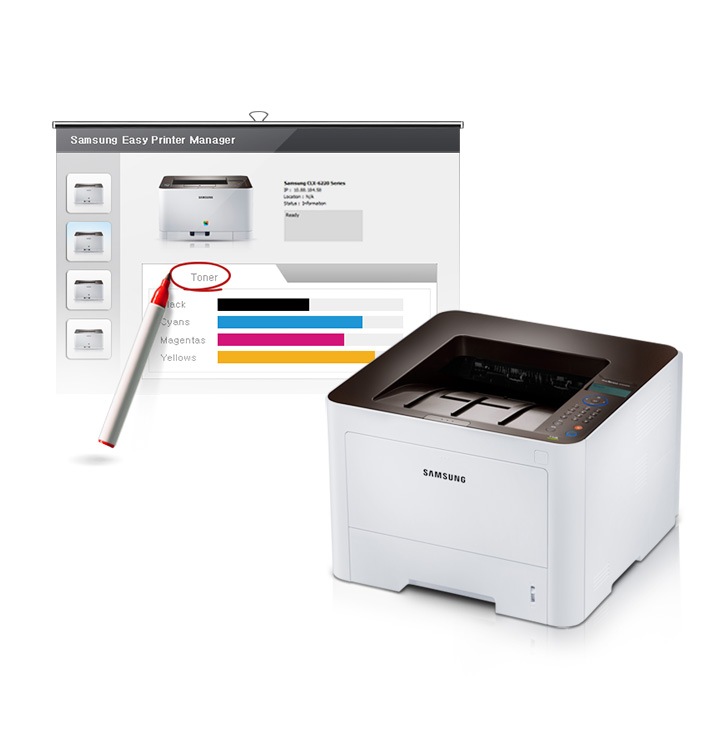 이미지 오른쪽 하단 부분에는 오른쪽 위에서 내려본 프린터 이미지가 있고 이미지 왼쪽 부분에는 Samsung Easy Printer Manager 프로그램을 설치하여 토너량을 체크하는 화면 모습이 보이고 있습니다. 화면 안에는 Toner 텍스트에 빨간색으로 동그라미가 그어져 있습니다.