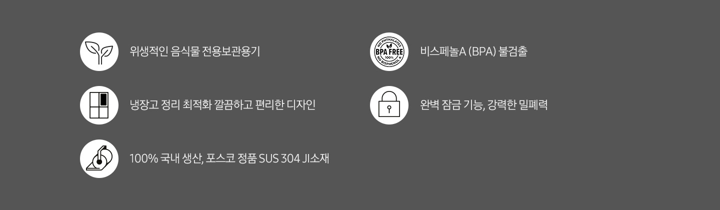 첫번째줄 왼쪽 나뭇잎 모양의 아이콘과 위생적인 음식물 전용보관용기 텍스트, 오른쪽 BPA FREE 로고아이콘과 비스페놀A(BPA) 불검출 텍스트, 두번째줄 왼쪽 4도어 냉장고모양 아이콘과 냉장고 정리 최적화 깔끔하고 편리한 디자인 텍스트, 오른쪽 자물쇠모양 아이콘과 완벽 잠금 기능, 강력한 밀폐력 텍스트, 세번째줄 자재를 표현한 아이콘과 100% 국내 생산, 포스코정품 SUS304JI소재 텍스트가 배치되어 있습니다.
