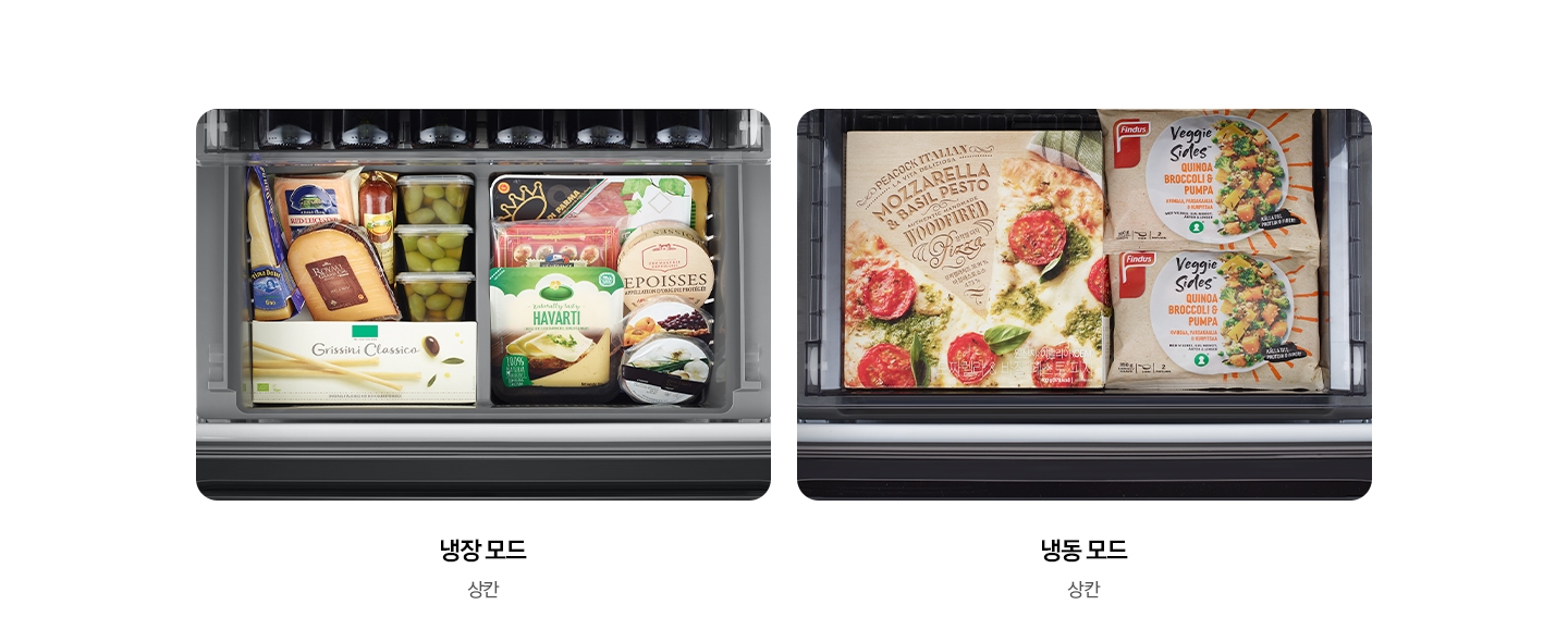 좌측부터 냉장고 안에 치즈 등이 들어있는 이미지와 냉장모드 상/중/하칸 텍스트, 냉장고 안에 냉동식품이 들어있는 이미지와 냉동 모드 중/하칸 텍스트가 있습니다.
