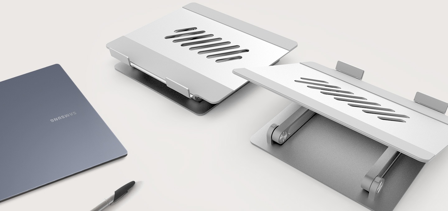 접이식 노트북 거치대와 노트북 이미지를 보여주고 있습니다.