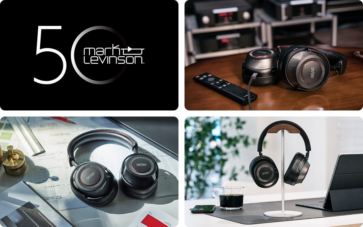 50주년 마크레빈슨 로고가 보이고 책상위로 헤드폰이 올려져있는 장면, 거치대 위로 헤드폰이 올려져 있는 라이프스타일 컷이 보입니다.