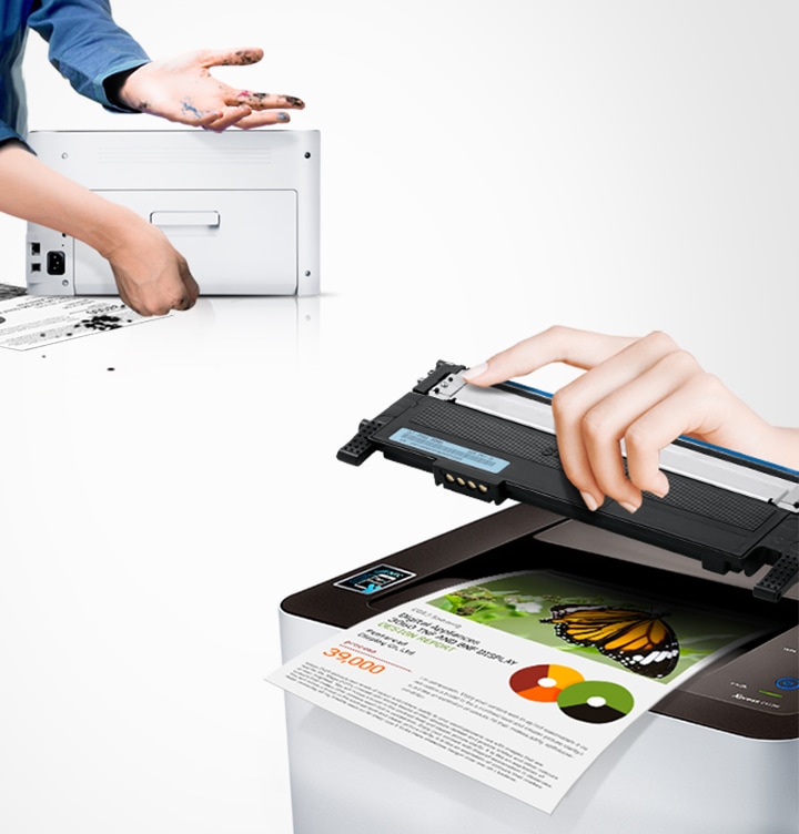 삼성 정품 토너가 고장 없이 안전함을 보여주는 컷으로서, 좌측에 비정품 토너를 사용한 프린터는 토너가 고장이 났고, 우측에 삼성 정품 토너를 사용한 프린터는 고장없이 출력물이 보이고 있습니다.