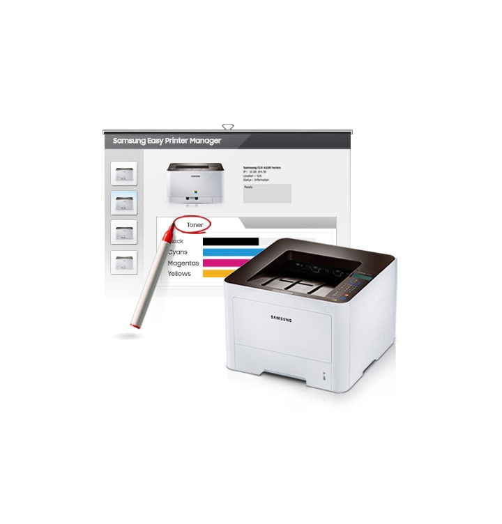 Samsung Easy Printer Manager 프로그램을 실행하여 토너량을 모니터링하는 화면을 보여주는 컷입니다. Samsung Easy Printer Manager 프로그램 화면에는 토너량 체크 메뉴에 빨강 동그라미가 그려져 있습니다. 우측에는 삼성 프린터가 보이고 있습니다.