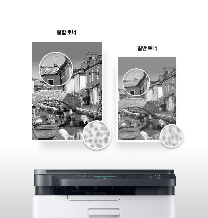 이미지 왼쪽 부분에는 중합 토너를 사용하여 출력한 출력물이 있고 이미지 오른쪽 부분에는 일반 토너를 사용하여 출력한 출력물이 배치되어 있습니다. 각각 이미지 오른쪽 하단 부분에는 중합 토너와 일반 토너가 출력된 부분을 확대하여 차이점을 보여주는 이미지가 있습니다. 출력물 하단에는 프린터 정면 이미지가 있습니다.
