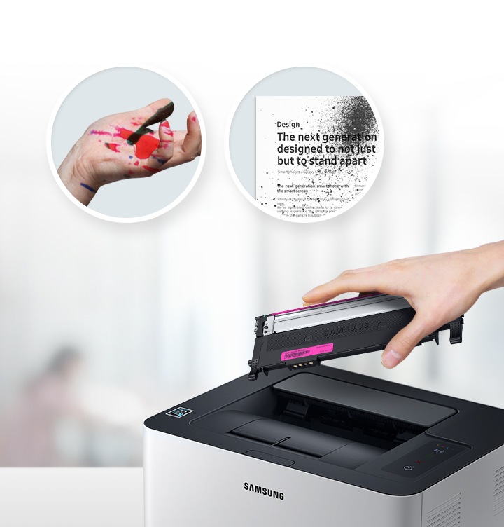 이미지 상단에는 손에 토너가 묻어있는 이미지와 출력물에 토너가 번져 있는 이미지가 왼쪽에서 오른쪽으로 나열되어 있고 이미지 오른쪽 하단에는 오른쪽 위에서 내려본 프린트 이미지와 정품 제품을 손에 들고 있는 정면 이미지가 있습니다.