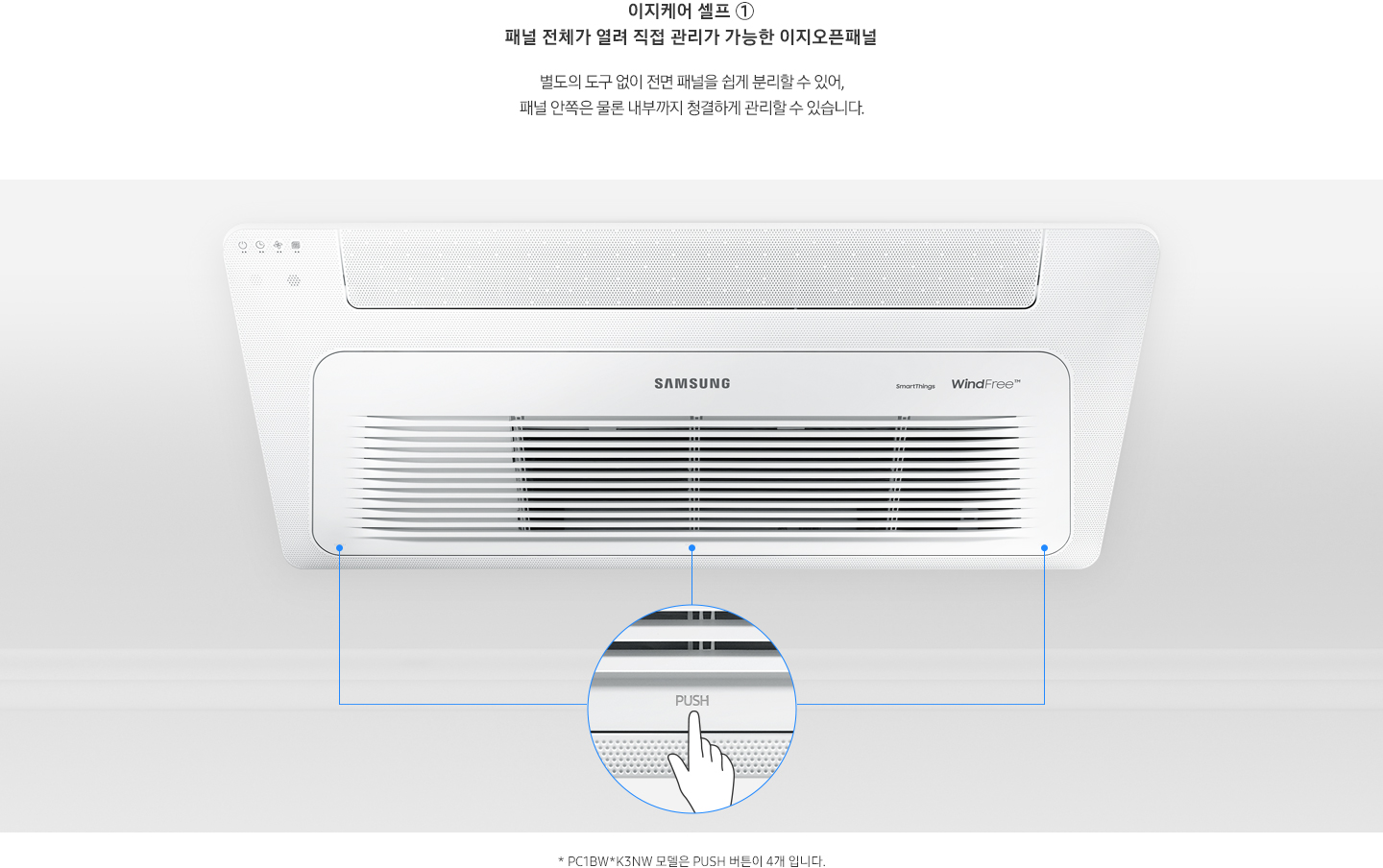 천창에 설치되어 있는 시스템 에어컨의 패널 뒤의 양 끝과 중앙을 확대하여 쉽게 패널을 분리할 수 있도록 만들어진 제품을 보여주고있다.