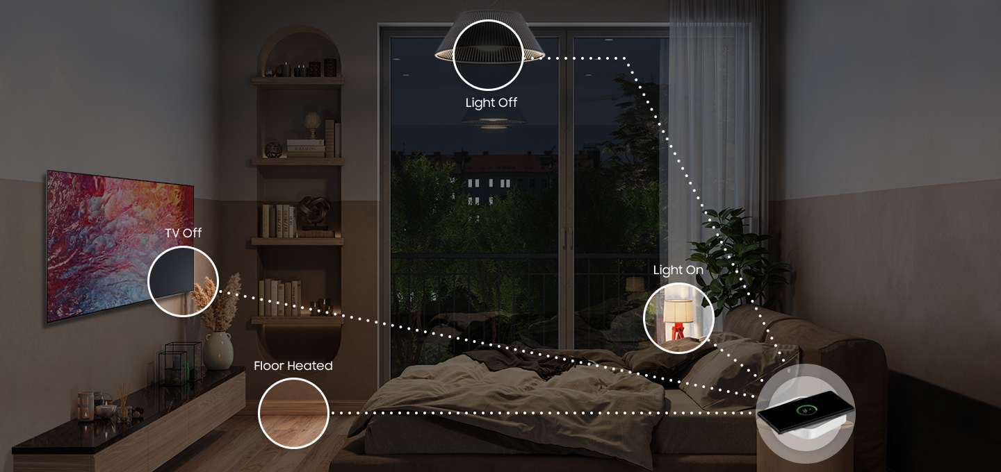 스마트싱스 스테이션 화이트 위에 갤럭시가 놓여져 있고, 해당 기능으로 불도끄고, 티비도 끄고 바닥 온도도 조절 할 수 있음을 알려주는 이미지 입니다.