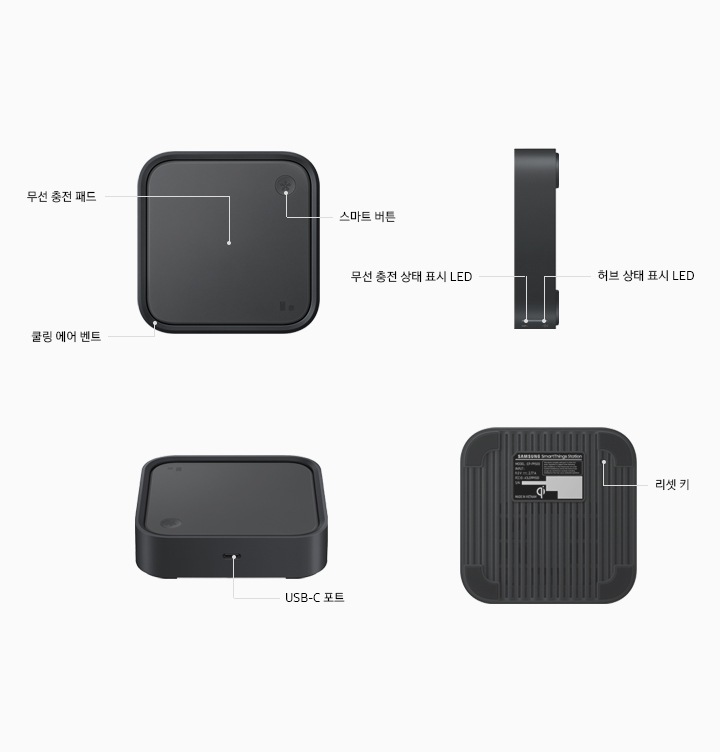 스마트싱스 스테이션 블랙 컬러의 정면 이미지, 측변 이미지, 뒷면 이미지등 여러 방면에서의 모습을 보여주고 있으며 각 편의 기능등을 설명해주고 있습니다. 무선 충전 패드, 스마트 버튼, 쿨링 에어 벤트는 정면 이미지가 쓰여져있고 뭔 충전 상태 표시 LED, 허브 상태 표시 LED는 측면 이미지에, USB-C 포트를 보여주느 이미지에는 USB-C 포트라고 적혀져 있고 뒷면에 설명서 바로 옆에 리켓 키가 있음을 알려주고 있습니다.