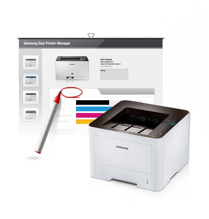 Samsung Easy Printer Manager 프로그램을 실행하여 토너량을 모니터링하는 화면을 보여주는 컷입니다. Samsung Easy Printer Manager 프로그램 화면에는 토너량 체크 메뉴에 빨강 동그라미가 그려져 있습니다. 우측에는 삼성 프린터가 보이고 있습니다.