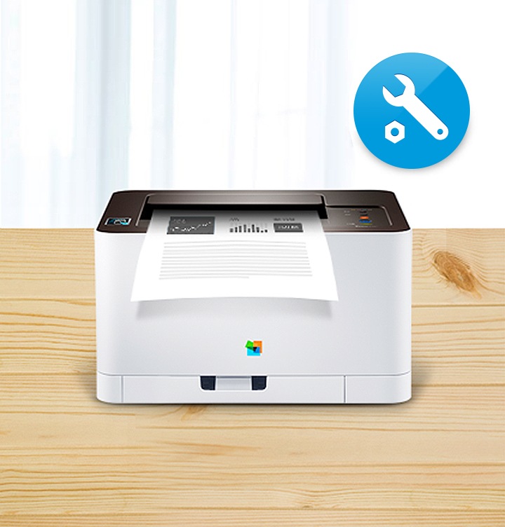 삼성 정품 토너를 사용했을 때만 이용가능한 정식 A/S를 보여주는 컷으로서, 가운데에 삼성 프린터가 있고 우측 상단에 A/S를 의미하는 로고가 있습니다.