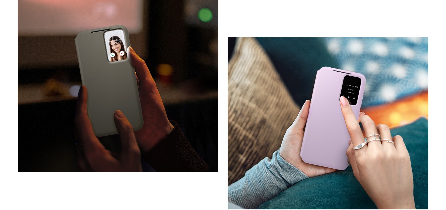 이미지가 2개로 나뉘어 있습니다. 왼쪽에서는 케이스를 닫고 작은 화면에서 전화수신 화면이 보여집니다. 오른쪽에서는 케이스를 닫고 작은 화면에서 음악을 넘기는 모습이 보여집니다.