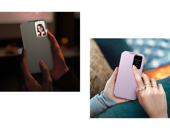 이미지가 2개로 나뉘어 있습니다. 왼쪽에서는 케이스를 닫고 작은 화면에서 전화수신 화면이 보여집니다. 오른쪽에서는 케이스를 닫고 작은 화면에서 음악을 넘기는 모습이 보여집니다.